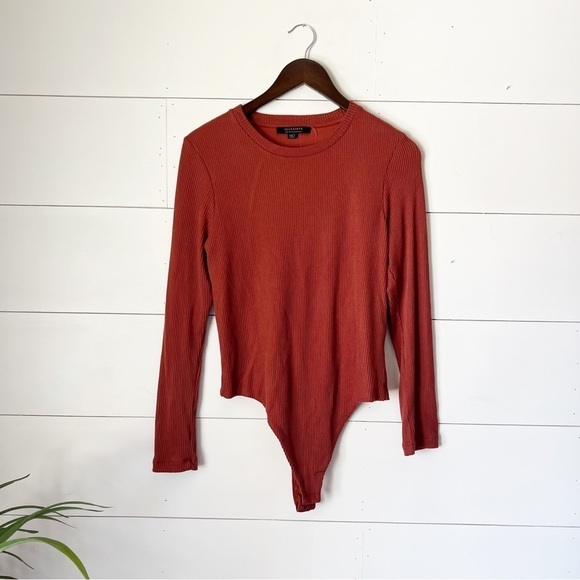 AllSaints Molly Long Sleeve Cut Out Back Bodysuit, Wild Berry Red - Picture 2 of 6